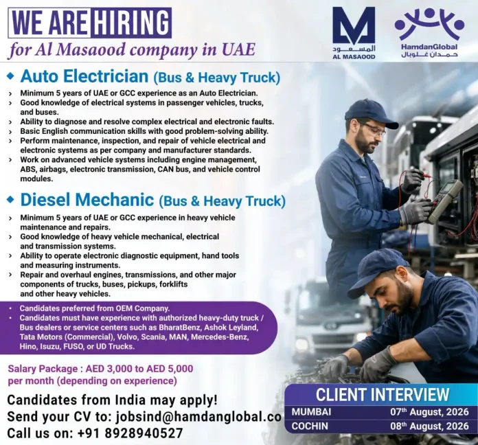 Al Masaood UAE hiring auto electrician and diesel mechanic for bus and heavy truck