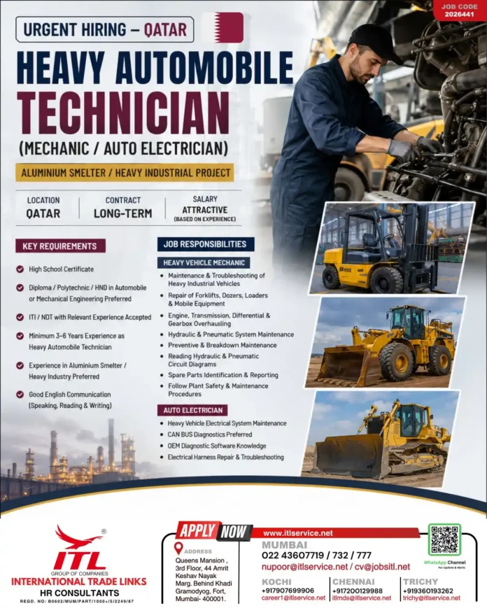 Heavy automobile technician working on industrial vehicle at aluminium smelter in Qatar