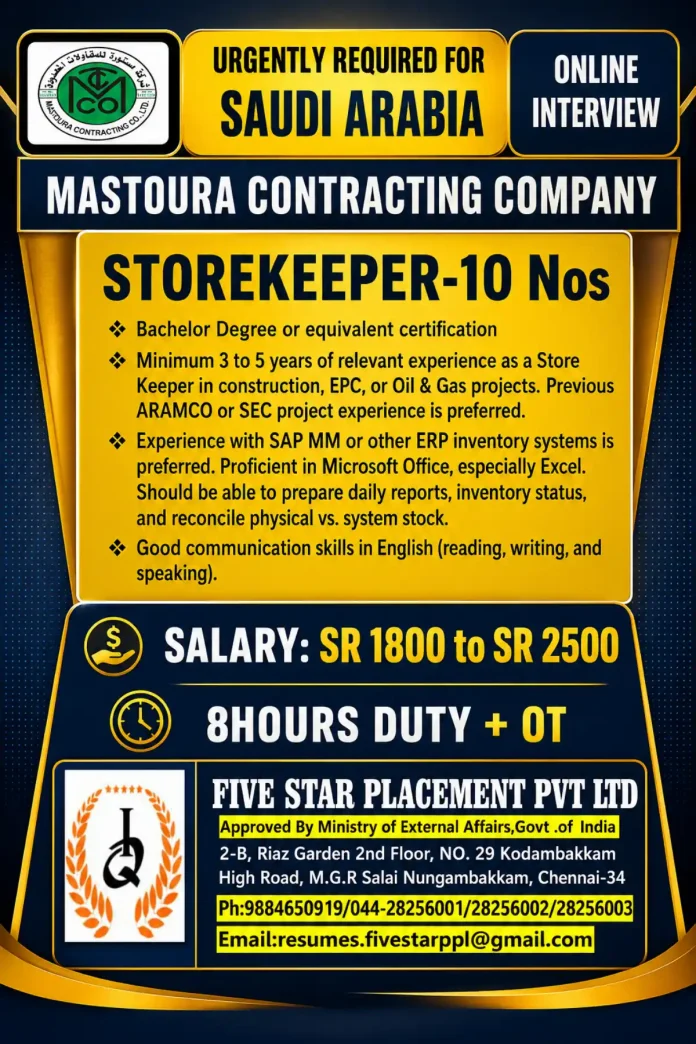 Storekeeper job in Saudi Arabia with Mastoura Contracting Company