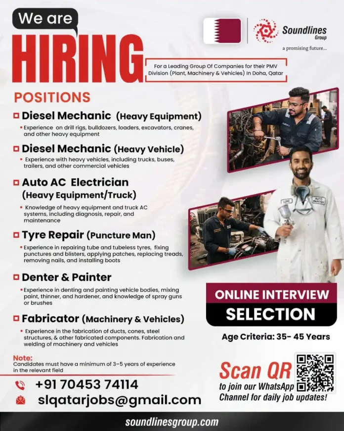 Hiring for diesel mechanics and heavy equipment technicians in Doha Qatar