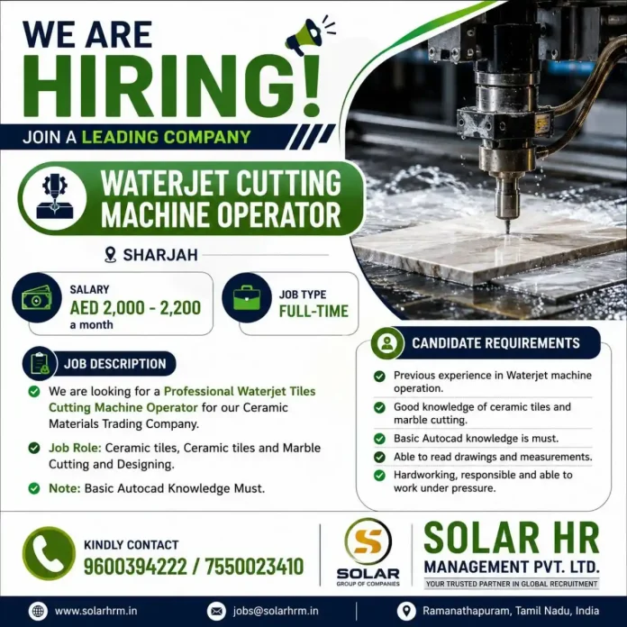 Waterjet cutting machine operator cutting ceramic tiles in Sharjah