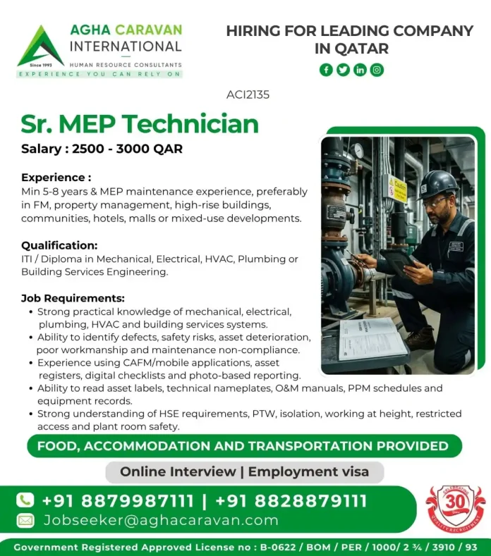 Sr. MEP Technician job Qatar Agha Caravan