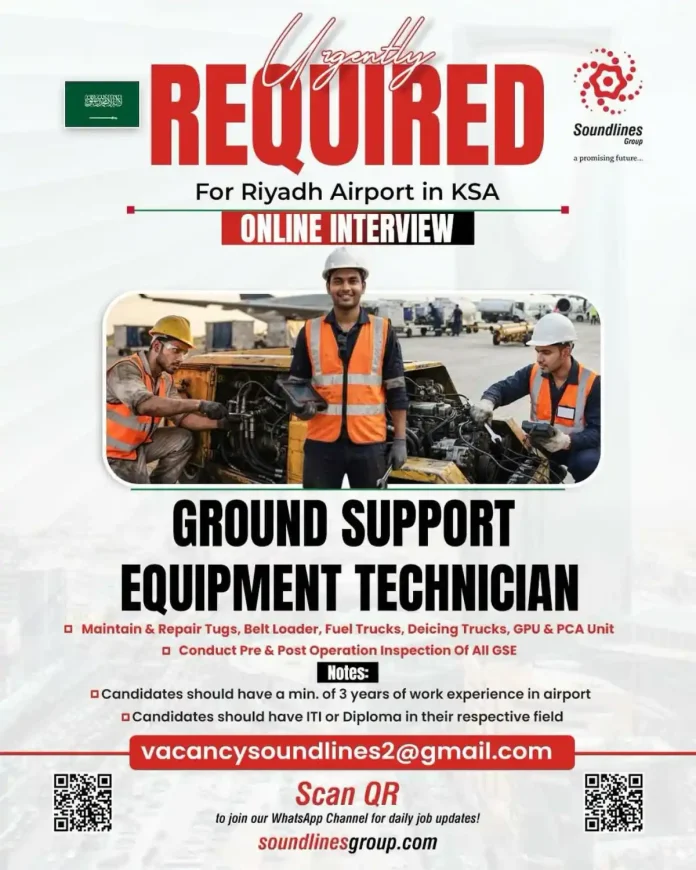 Ground Support Equipment Technician repairing a belt loader at Riyadh Airport
