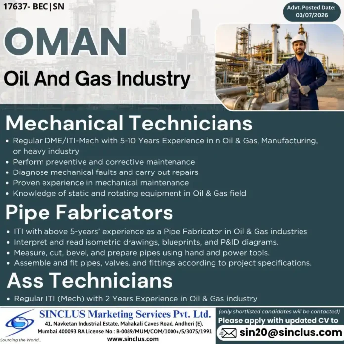 Oil and gas mechanical technician job opening in Oman