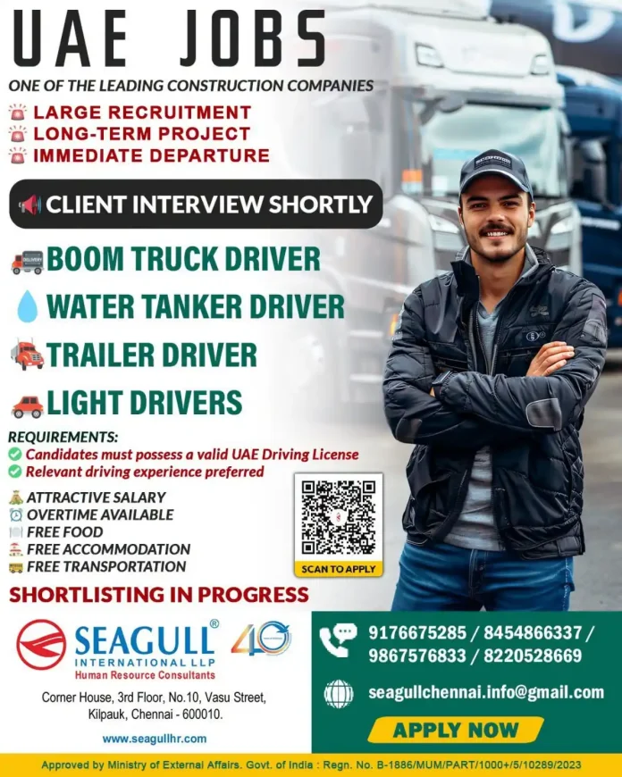 UAE construction driver recruitment - Boom Truck Driver, Water Tanker Driver, Trailer Driver, Light Drivers