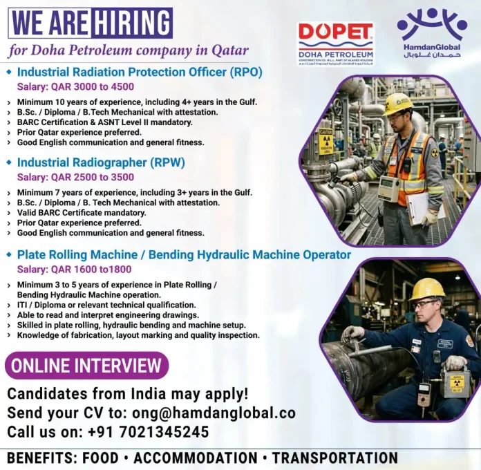 Doha Petroleum Qatar hiring RPO, Radiographer, and Machine Operator