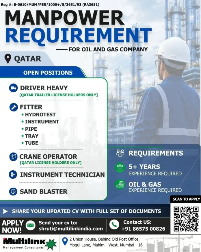 Oil and gas jobs Qatar driver heavy fitter crane operator