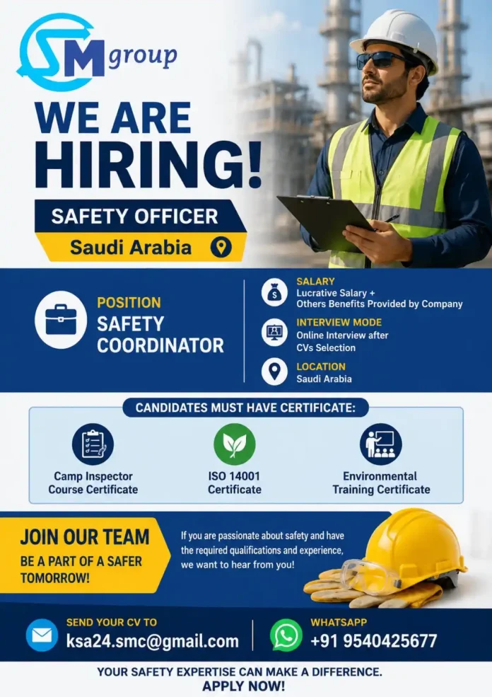 SM Group hiring safety officer and safety coordinator in Saudi Arabia