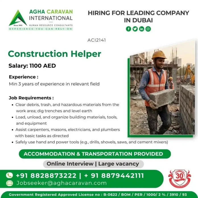 Construction Helper working at a construction site in Dubai with tools and safety helmet
