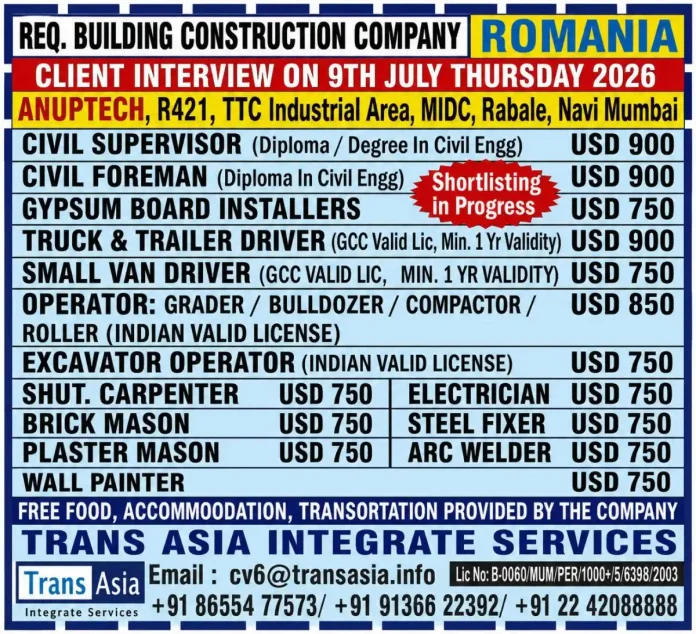 Building construction company Romania recruitment