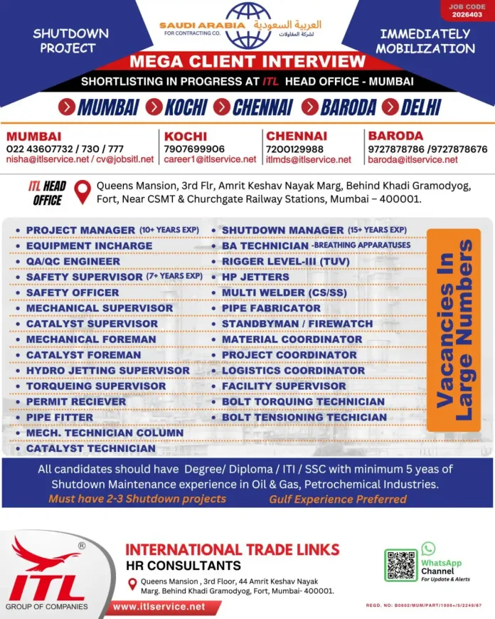 ITL Group hiring shutdown maintenance staff for Saudi Arabia