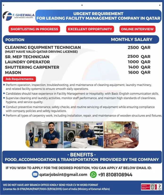 Facility Management Job Vacancies Qatar Cleaning Technician MEP Carpenter Mason