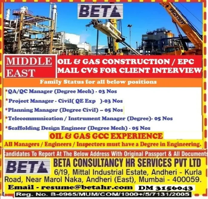 Oil & Gas construction interview walk-in at Beta Consultancy Mumbai