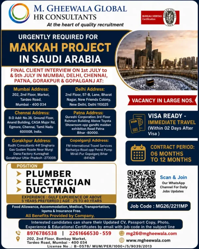 Job recruitment poster for Makkah project by M. Gheewala Global HR Consultants showing positions Plumber, Electrician, Ductman with interview details
