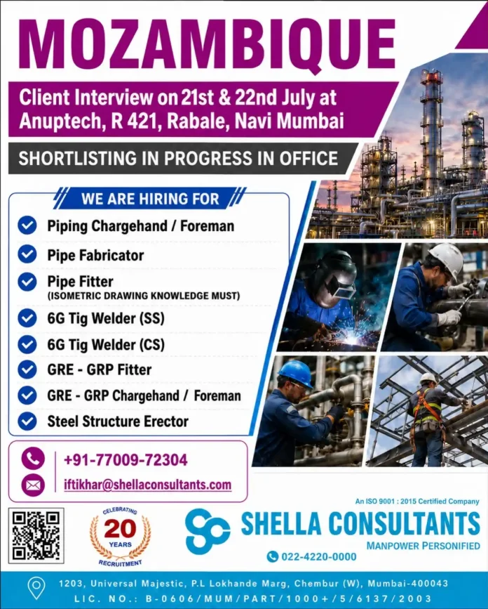 Shella Consultants recruitment flyer for Mozambique piping and welding jobs