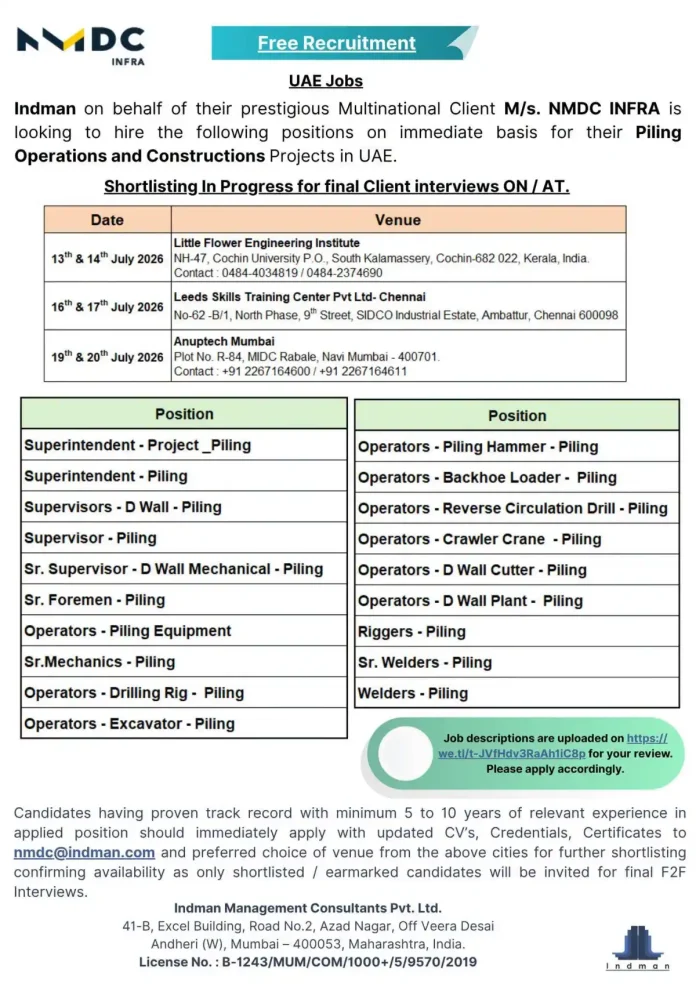 NMDC INFRA UAE Jobs Recruitment Banner