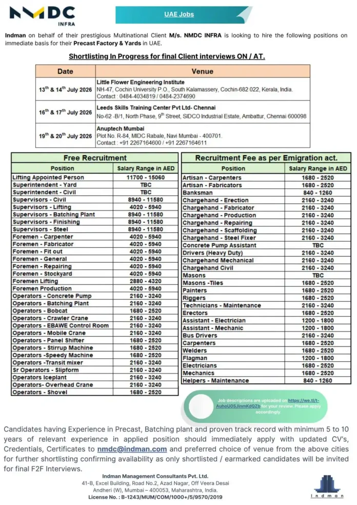 NMDC INFRA UAE Jobs Recruitment 2026