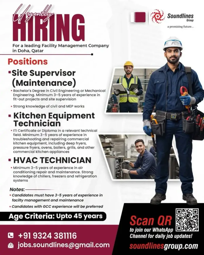 Facility Management career opportunities in Doha Qatar hiring Site Supervisor Kitchen Technician HVAC Technician