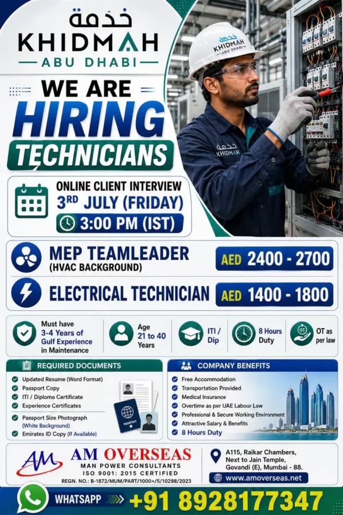 Khidmah Abu Dhabi hiring MEP Teamleader and Electrical Technician
