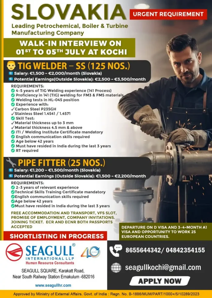 TIG Welder and Pipe Fitter walk-in interview in Kochi for Slovakia jobs