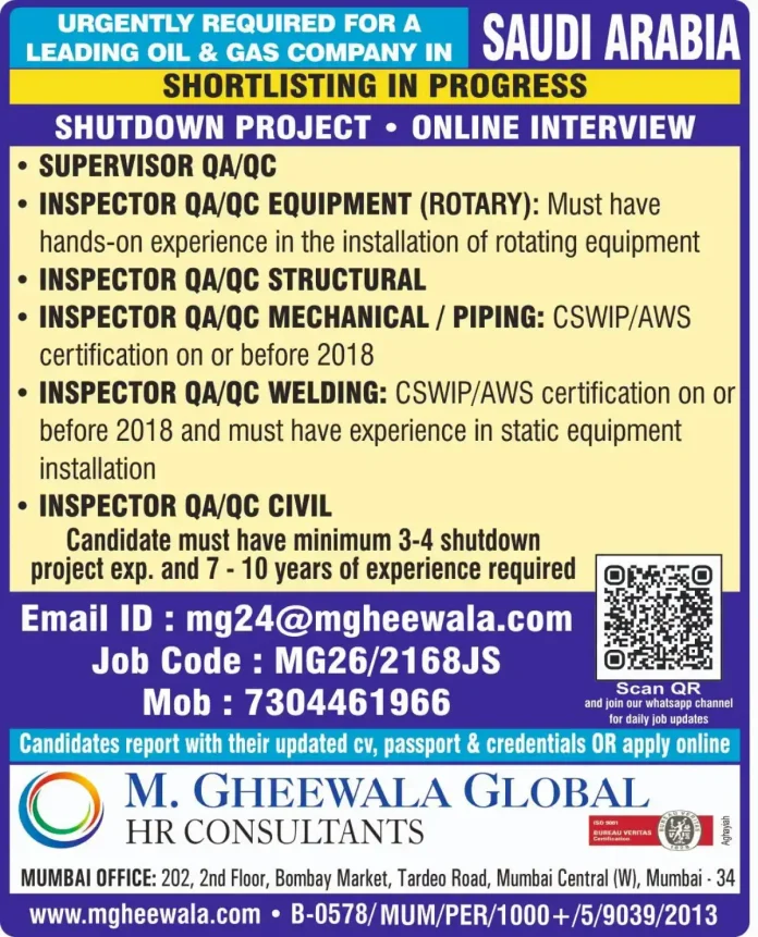 QA/QC Inspector jobs Saudi Arabia