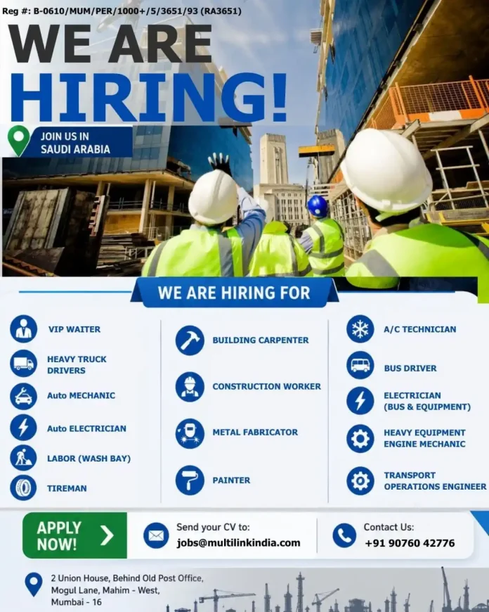Saudi Arabia job recruitment poster Multilink India