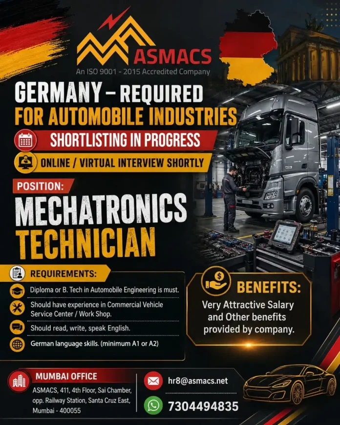 Mechatronics Technician job in Germany for automobile industry – ASMACS recruitment