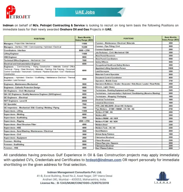 UAE oil and gas construction jobs with Petrojet Contracting