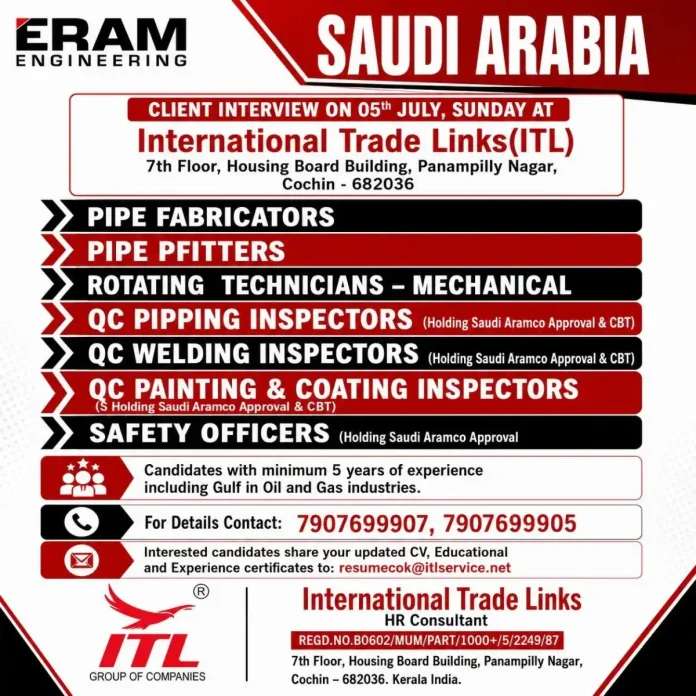 Saudi Aramco job interview poster with list of positions