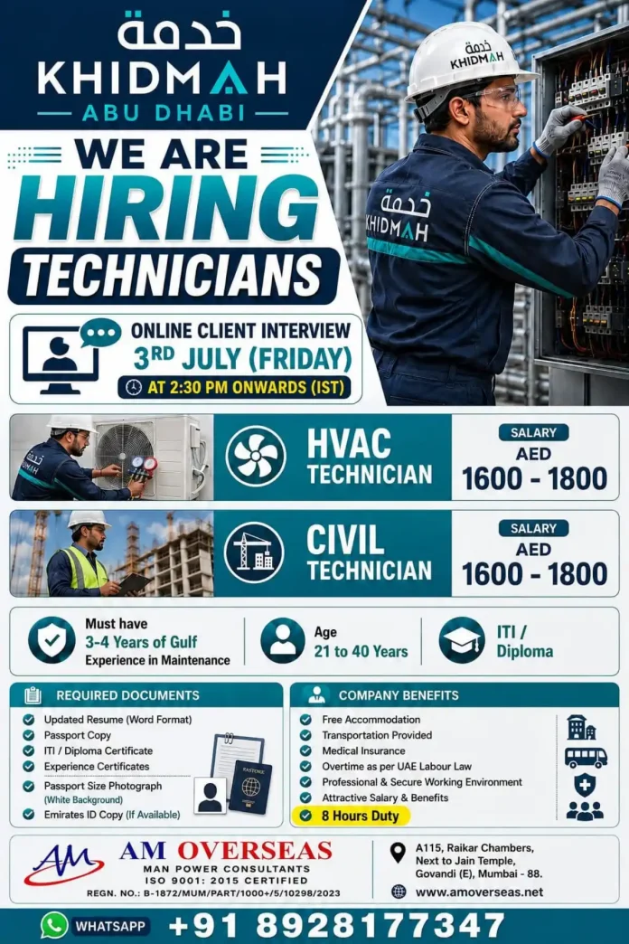 Khidmah job posting for HVAC and Civil Technicians in Abu Dhabi with online interview details