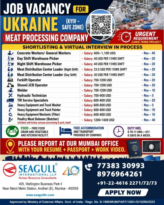 Seagull International job posting for Ukraine meat processing company – multiple positions available