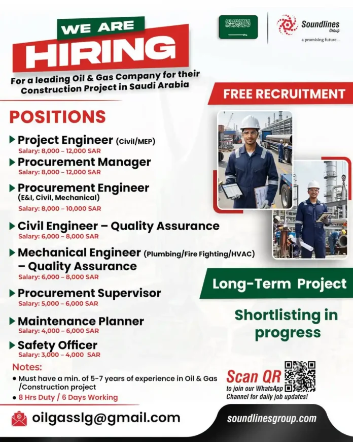 Job advertisement for Oil & Gas construction positions in Saudi Arabia showing salary ranges and contact details