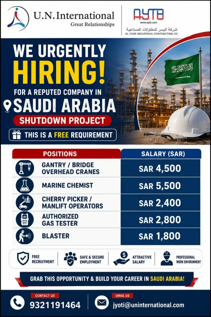 Urgent hiring shutdown project Saudi Arabia free recruitment banner