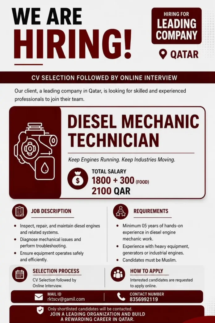 Diesel Mechanic Technician job opening in Qatar with leading company