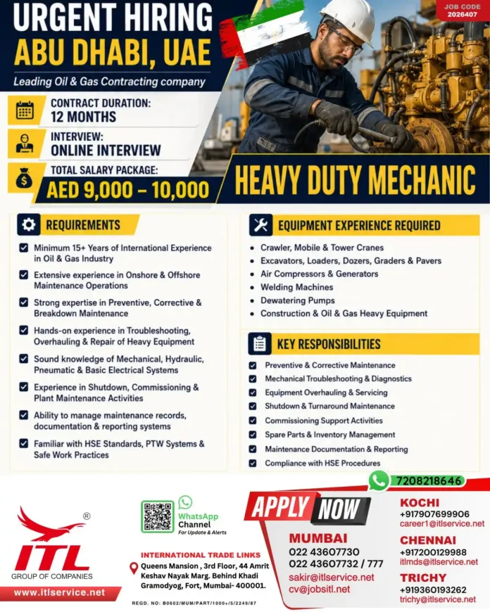 Heavy Duty Mechanic job Abu Dhabi Oil & Gas