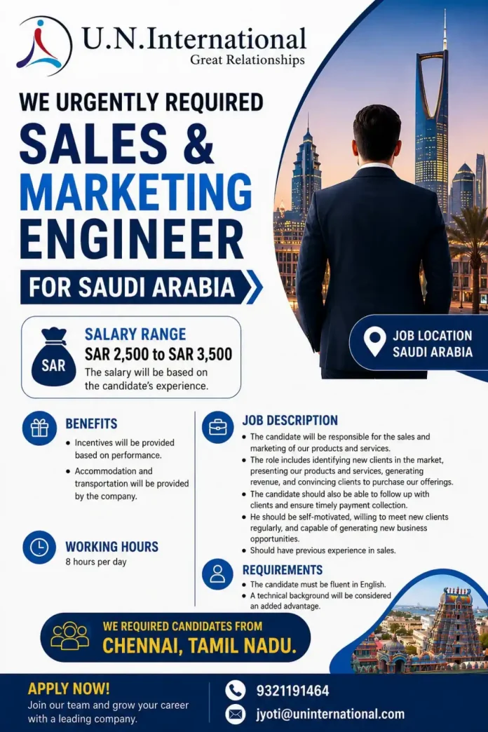 Sales and Marketing Engineer job opportunity in Saudi Arabia