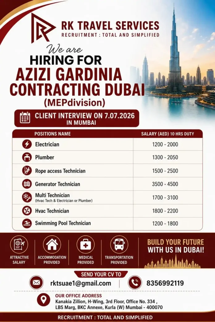 RK Travel Services hiring for Azizi Gardinia Contracting Dubai MEP jobs