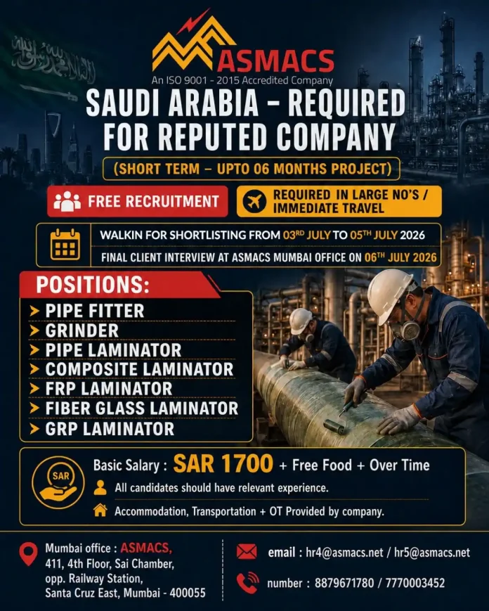 ASMACS recruitment for Saudi Arabia FRP and pipe fitter jobs walkin