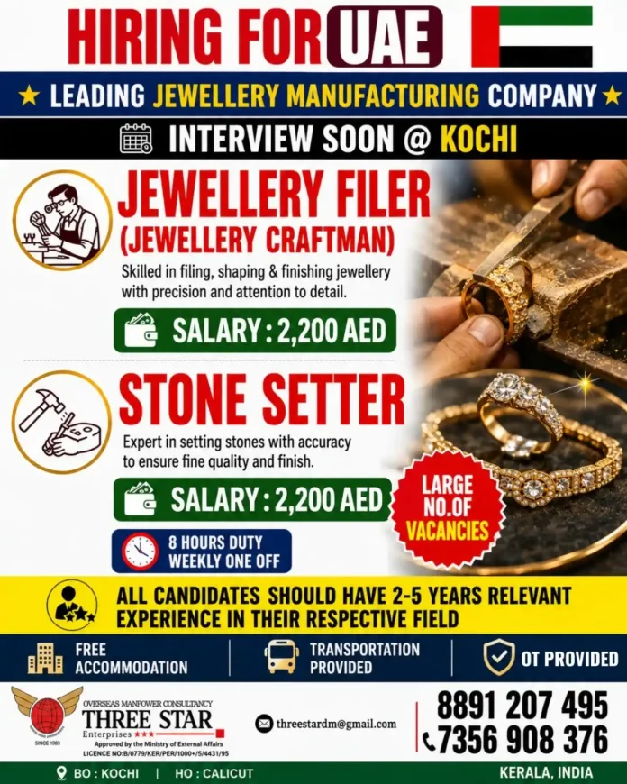 Jewellery manufacturing recruitment for UAE