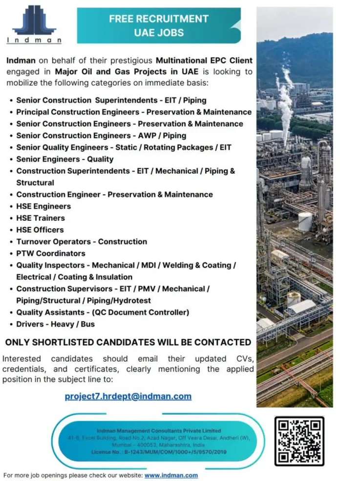 Senior construction engineers and superintendents for UAE oil and gas projects