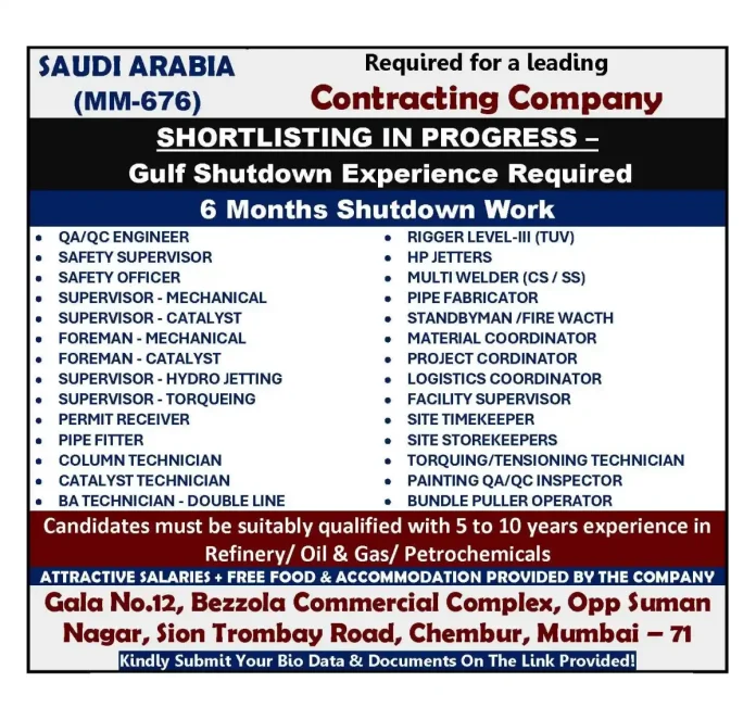 Saudi Arabia Shutdown Jobs - Contracting Company