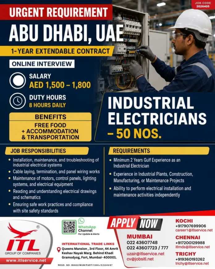 Industrial Electrician job opening in Abu Dhabi with ITL Group
