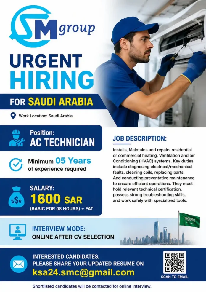 AC technician repairing HVAC unit in Saudi Arabia