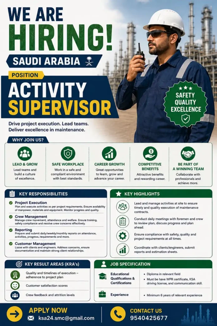 Activity Supervisor leading maintenance team in Saudi Arabia