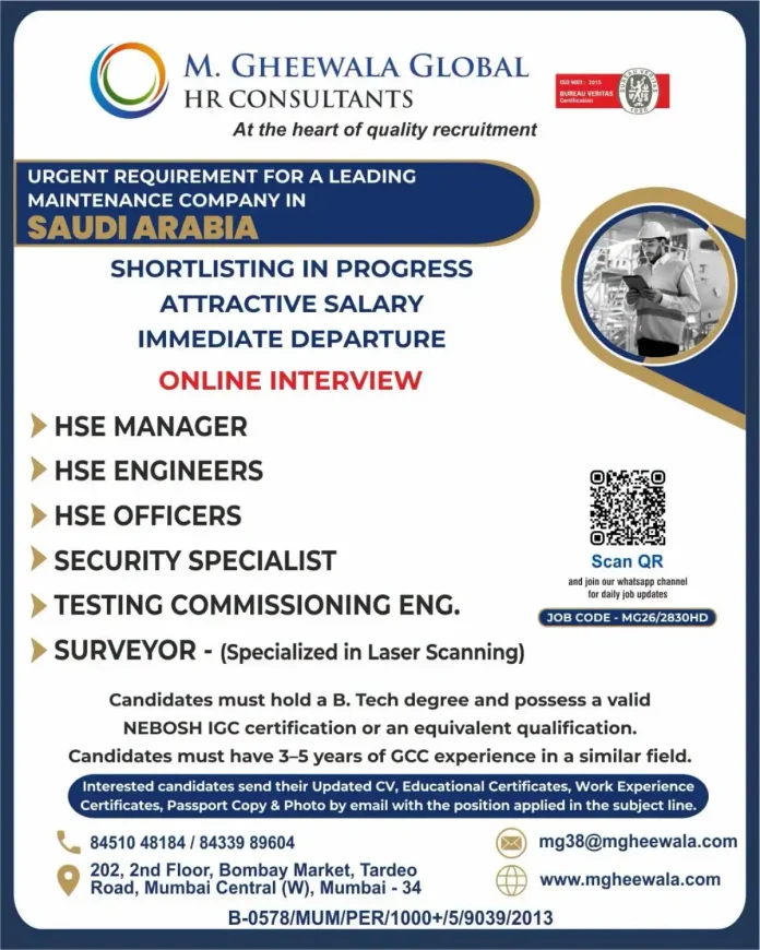 M. Gheewala Global HR Consultants job advertisement for HSE positions in Saudi Arabia