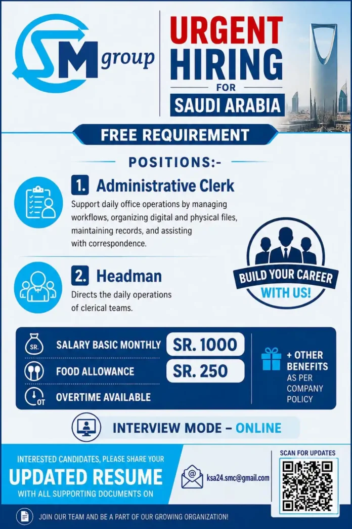 Mgroup hiring poster for Saudi Arabia - Administrative Clerk and Headman