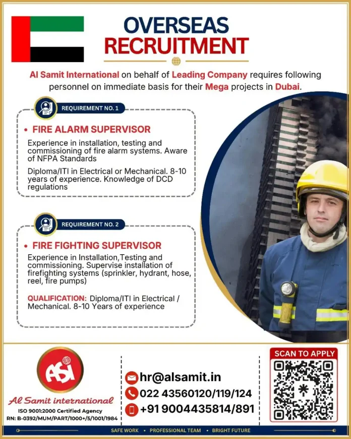 Fire alarm and fire fighting supervisor job vacancy in Dubai