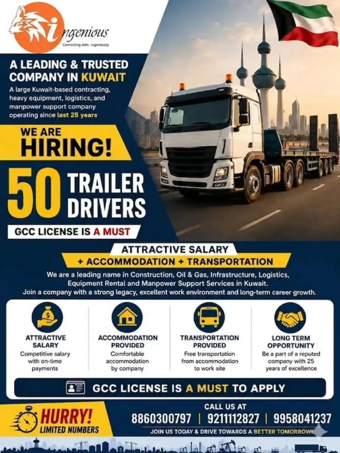 Trailer Driver job in Kuwait with GCC license required - attractive salary and benefits