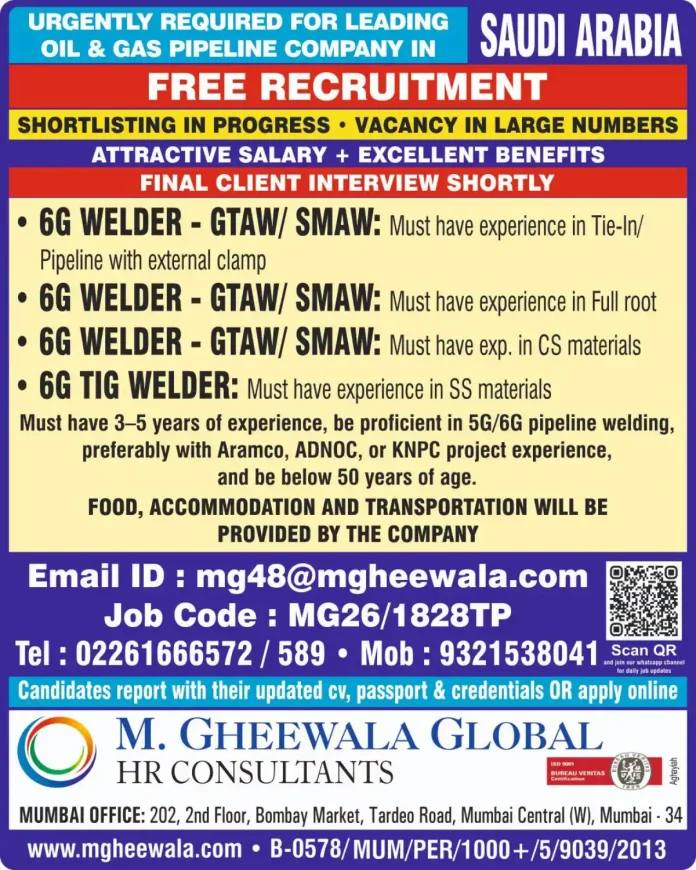 Job posting for 6G Welders in Saudi Arabia