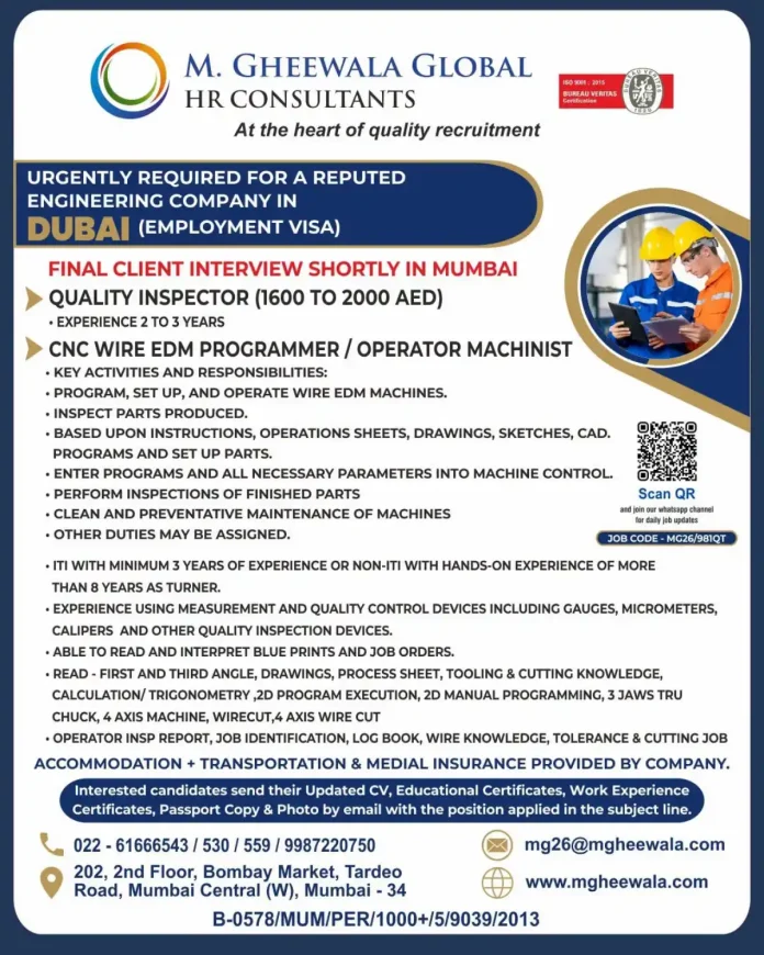 Dubai engineering job recruitment for Quality Inspector and CNC Wire EDM operator